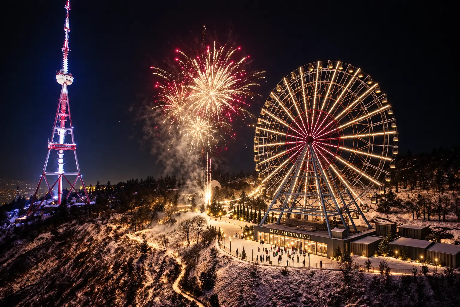 Mtatsminda Hall and the Ferris wheel above Tbilisi at night