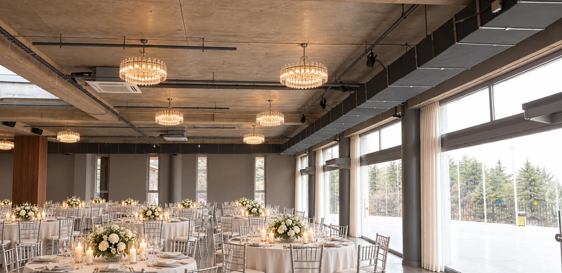 Banquet tables set in the hall